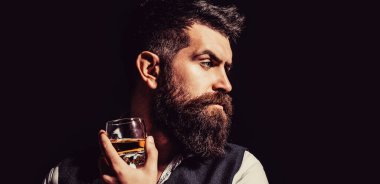 Sakallı konyak. Elinde bir bardak viski tutan bir adam. Viski yudumluyor. Kalın sakallı bir adamın portresi. Maço içki. Boşluğu kopyala