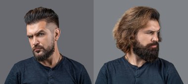 Tıraş, saç şekillendirme. Sakal, önce tıraş ol, sonra. Uzun sakallı saç stilisti. Berber dükkanına gitmeden önce ve sonra kolajör, farklı saç kesimi, bıyık, sakal. Erkek güzelliği, karşılaştırma.