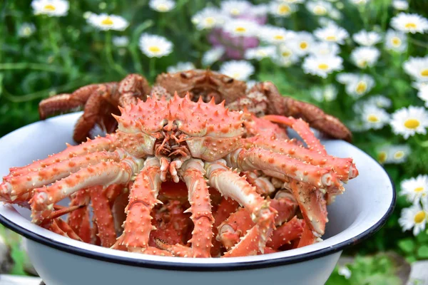 Photo of a boiled king crab and hairy crab in sea water in a basin.