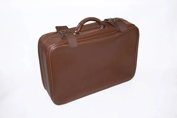 Valise Cuir Marron Isolée Sur Fond Blanc — Photo