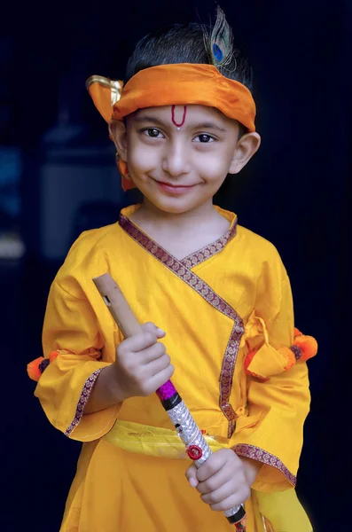 Portret Van Little Lord Krishna Kanhaiya Indische Aziatische Schattig Kind — Stockfoto