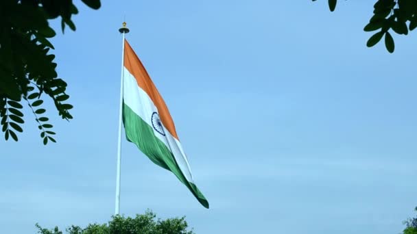 Big Waving Indian National Flag Tricolour Flying Blue Sky Outdoor — Stock Video