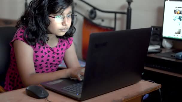 Geeky Girl Indian Asian Caucasian Working Typing Laptop Wearing Glasses — Stockvideo