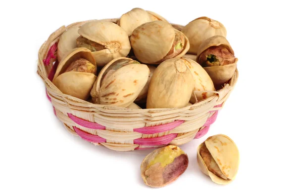 Roasted Pistachio Nuts Isolated Bamboo Basket — Stock Photo, Image