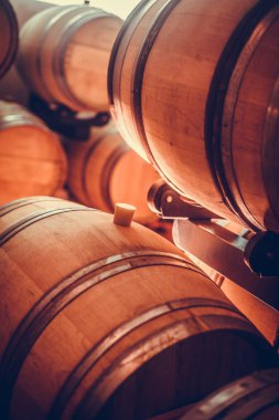 Biraz şarap fıçıları bir mahzende görüntüsünü kapatmak.