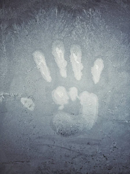 Close Shot Human Palm Imprint Frosty Window — Stock Photo, Image