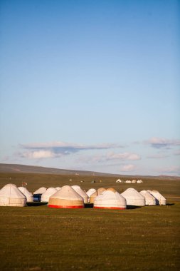 Bazı yurts Kırgızistan bir çayır üzerinde atış.