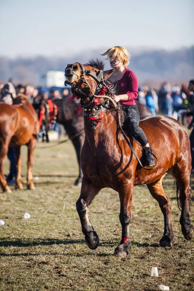 Pietrosani Romania January 2018 Young Woman Riding Horse Epiphany Day — Stock Photo, Image