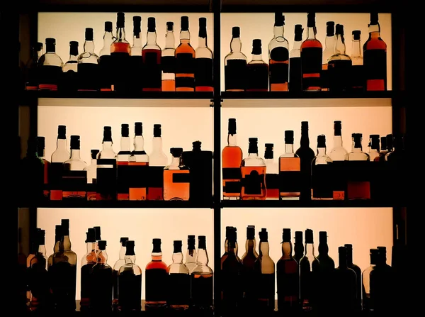 Varie Bottiglie Alcol Esposte Pub — Foto Stock