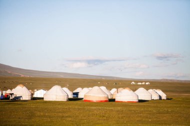 Kırgızistan bir çayır üzerinde bazı yurts kadeh akşam.