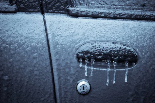 Vue Rapprochée Serrure Une Voiture Gelée — Photo