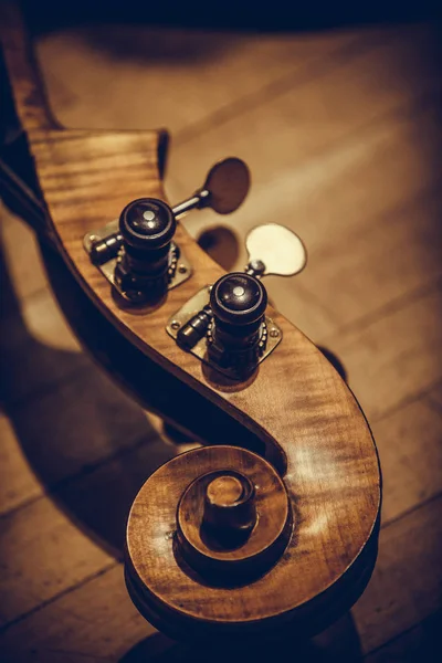 Double bass scroll and tuning pegs — Stock Photo, Image