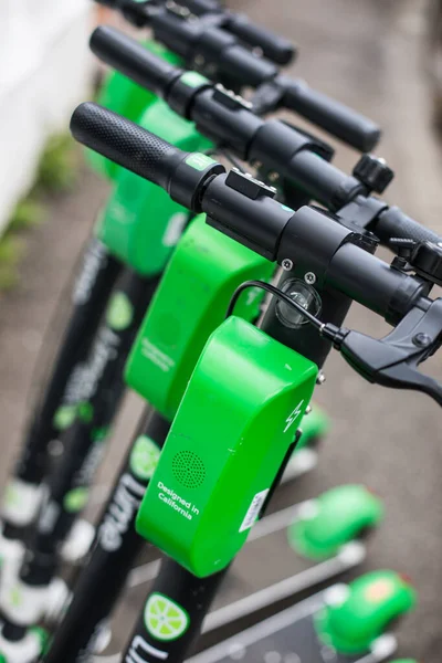 Bucarest Romania May 20202 Image Some Lime Scooters Parked Sidewalk — Stock Photo, Image