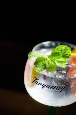 Bükreş, Romanya - 16 Şubat 2020: Bir Tanqueray cin ve tonik kokteylinin resimsel görüntüsünü kapat.