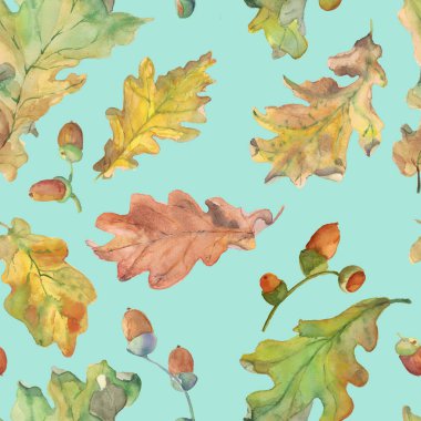 Sonbahar meşe yaprağı ve meşe palamutları parlak mavi arka plan ile sorunsuz suluboya doku el ile çizilmiş.