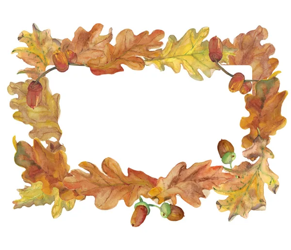 Акварель Осенняя Рамка Нарисованными Вручную Дубовыми Листьями Желудями Просто Добавить — стоковое фото