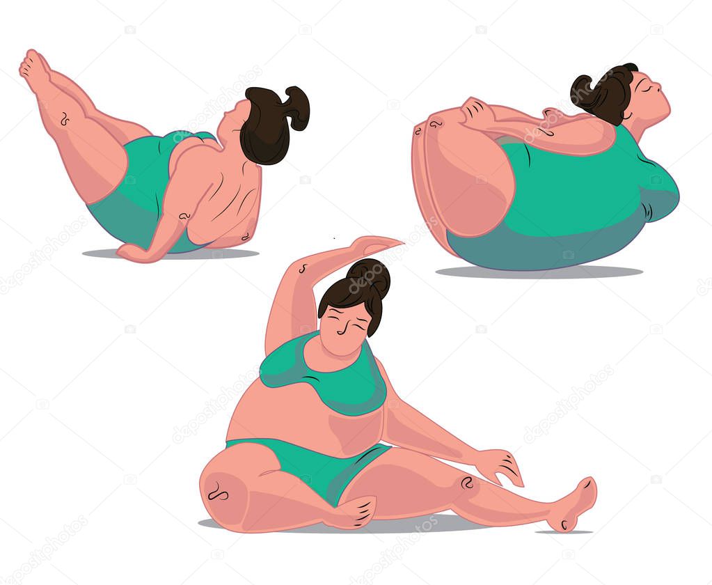 Vector illustration of three yoga poses made by plump girl