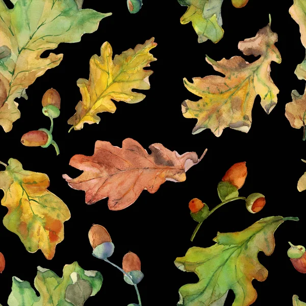 Seamless Pattern Autumn Watercolor Green Brown Yellow Oak Leaves Acorns — Stock Photo, Image