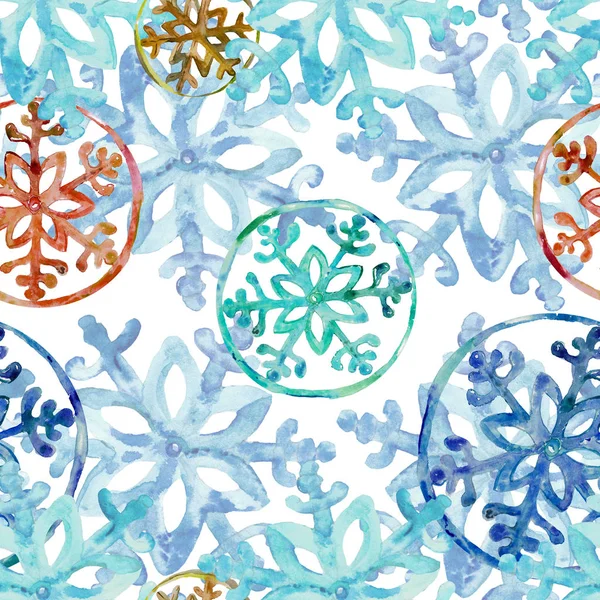 Dłoń Akwarela Zima Ciągnione Wzór Multicolor Płatki Śniegu Białym Tle — Zdjęcie stockowe
