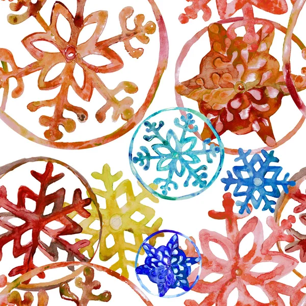 Tło Akwarela Zima Ręcznie Rysowane Wzór Multicolor Płatki Śniegu Białym — Zdjęcie stockowe