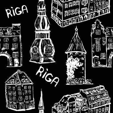 Mürekkep el Riga, sorunsuz vektör desen siyah arka plan üzerine eski kasaba çizilmiş binalar. Tasarım ve ambalaj için.