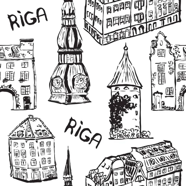 Bâtiments Dessinés Main Encre Vieille Ville Riga Motif Vectoriel Sans — Image vectorielle