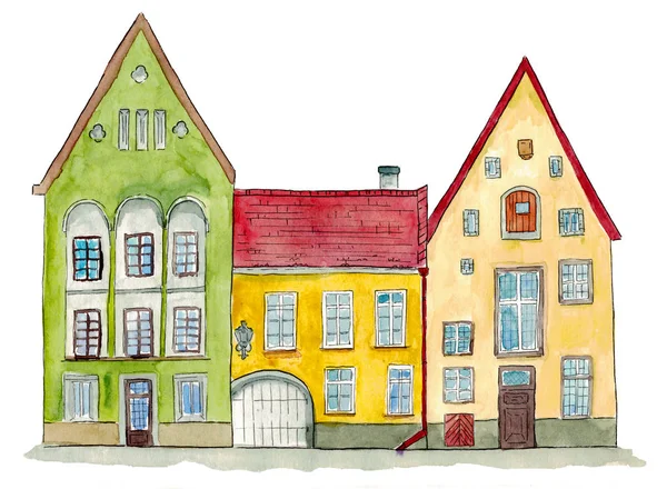Hand-drawn watercolor and ink illustration of medieval houses in European old town street. Design for tourists goods, backgrounds. Cartoon style illustration for books, postcard, decor, and covers.