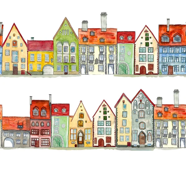 Płynne Granice Akwareli Ręcznie Rysowane Stare Średniowieczne Domy Ilustracja Europejski — Zdjęcie stockowe