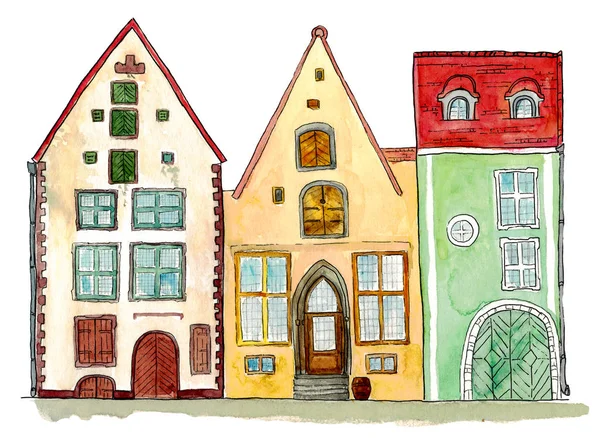 Hand-drawn watercolor and ink illustration of medieval houses in European old town street. Design for tourists goods, backgrounds. Cartoon style illustration for books, postcard, decor, and covers.