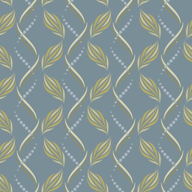 Sorunsuz vektör dalgalı desen kumaş, tekstil veya duvar kağıdı tasarımı için mavi-gri arka plan üzerinde pastel bej renklerde soyut çiçek ve geometrik öğelerle