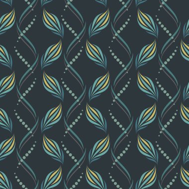 Sorunsuz vektör dalgalı desen kumaş, tekstil veya duvar kağıdı tasarımı için siyah arka plan üzerine mavi renklerde soyut çiçek ve geometrik öğelerle