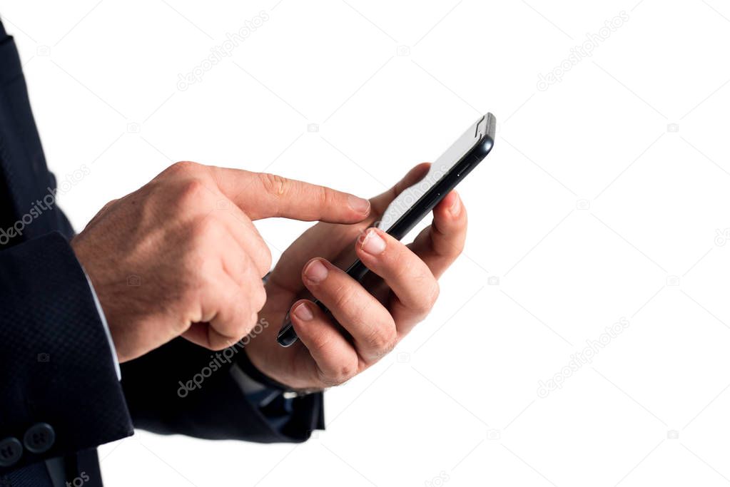 Hand with smartphone isolated on white background