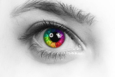 Girl colorful and natural rainbow eye on white background clipart