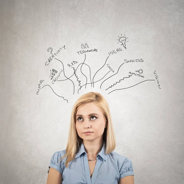 Woman in blue shirt is standing in front of grey blackboard thinking about business development.