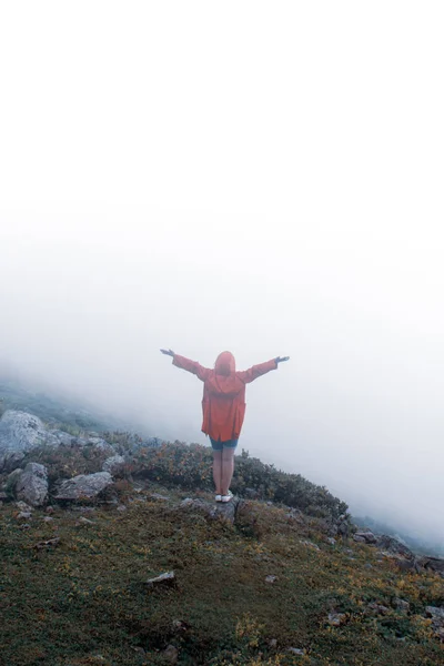 Juichende Vrouw Geniet Van Het Prachtige Uitzicht Mistige Berg — Stockfoto