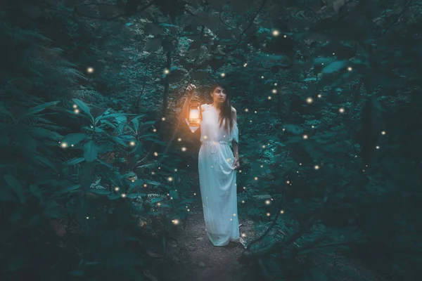 Woman Lantern Walking Misty Forest Rustic White Dress Beautiful Fairy — Stock Photo, Image