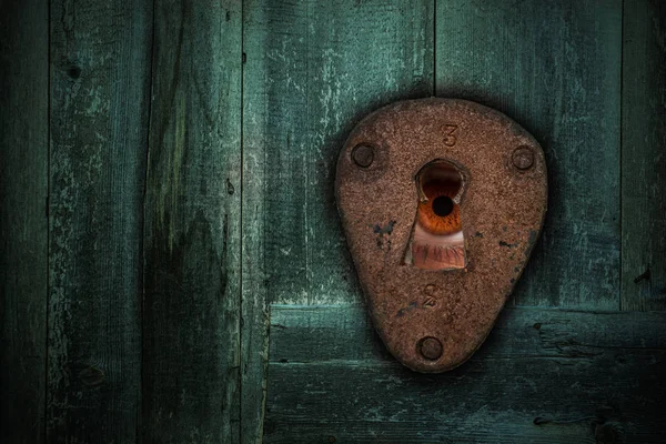 鍵穴から見て男性の茶色の目 覗きの概念恐怖 不気味なストーカーとセキュリティ — ストック写真