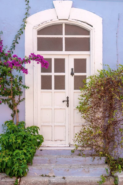 Puerta decorada con macetas en una pared azul — Foto de Stock