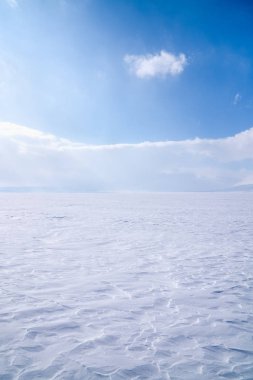 Saf karla kaplı tarla kış mevsiminde arka planda mavi bir gökyüzü.