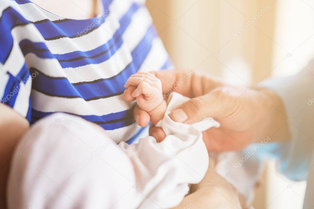Family Baby Hands. Father and Mother Holding Newborn Kid. 