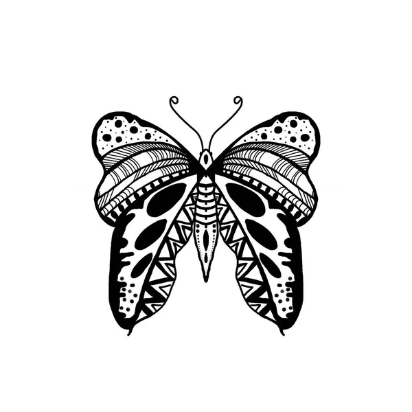 黒い手描きゼンタングルスタイル蝶イラスト.蝶の翼. — ストック写真
