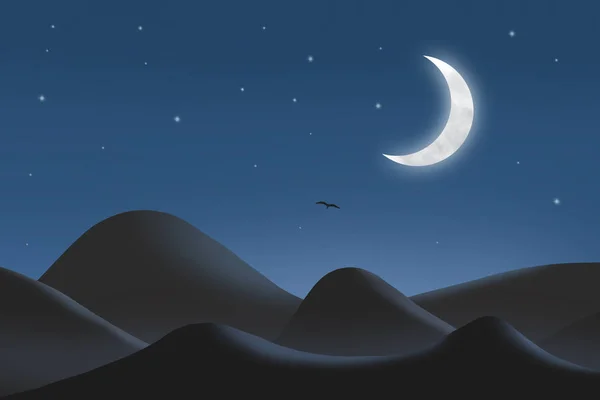 Night landscape with silhouette mountains and crescent moon — Stock Photo, Image