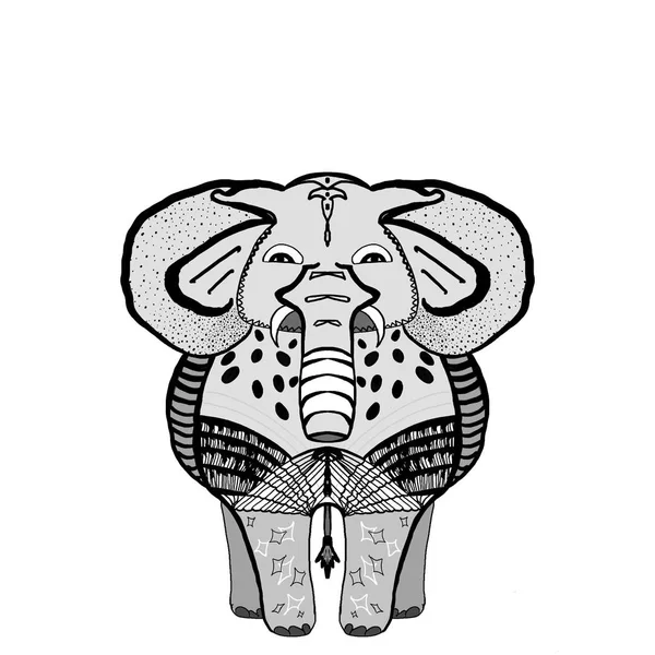 Декоративная иллюстрация слона. Индийский стиль слона вид спереди со стилизованным орнаментом — стоковое фото