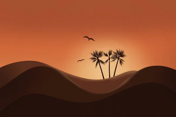 Gyönyörű naplemente és sziluettje sivatagi táj izzó ég és a pálmafa — Stock Fotó