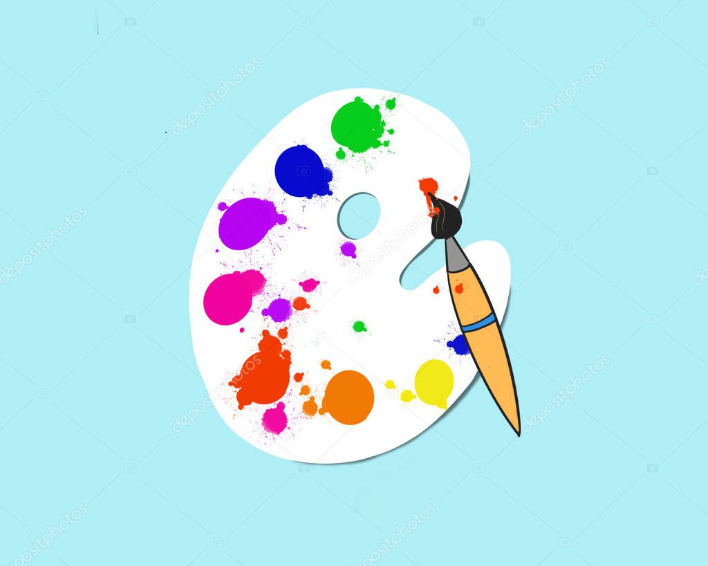 illustration of an art palette with paints and brushes isolated on a blue background