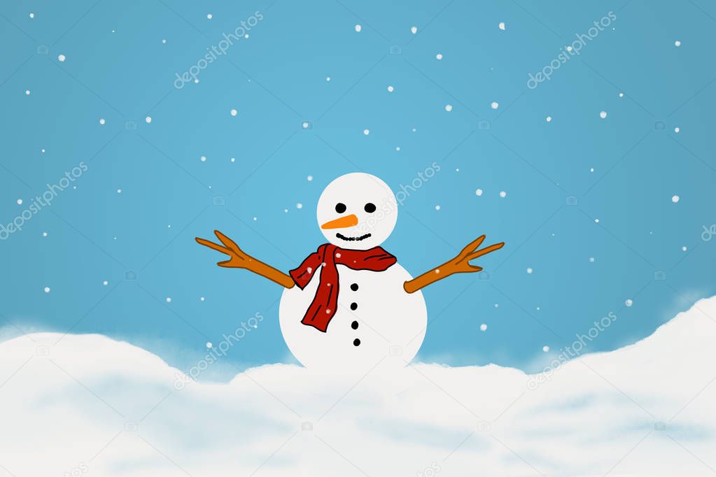 Snowman is celebrating the New year tree on snow with open sky