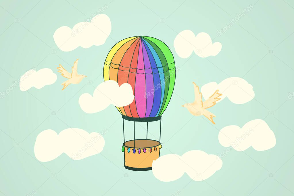 Colorful air baloon flying trough the cloudy sky with the accompany of birds