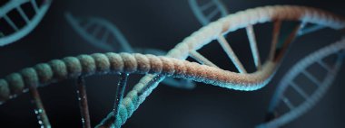 Koyu arkaplanda parlayan mavi DNA parçacıkları. Genetik ve tıp konsepti. 3d oluşturma