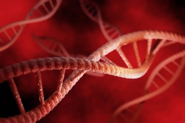 Kırmızı DNA parçacıkları koyu kırmızı arka planda parlıyor. Genetik ve tıp konsepti. 3d oluşturma