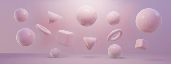 3D рендеринг различных геометрических розовых форм на розовой поверхности и заднем плане. Концепция 3D рендеринга
.